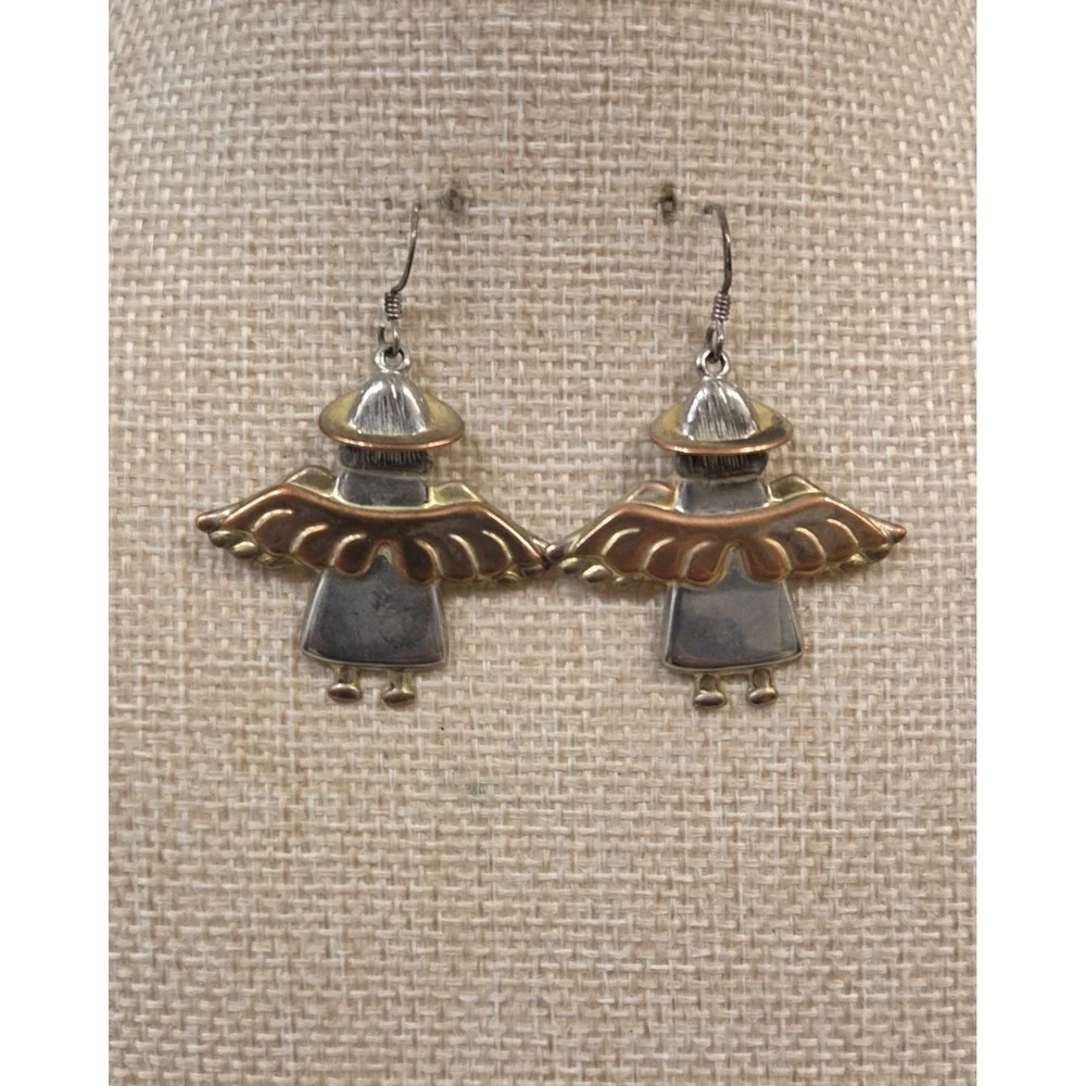 Large Vintage Sterling Silver Mixed Metals Angel Dangle‎ Earrings 925